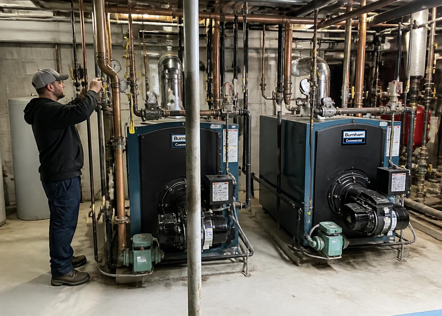 Commercial boiler room with near boiler copper piping serviced by New Era Plumbing