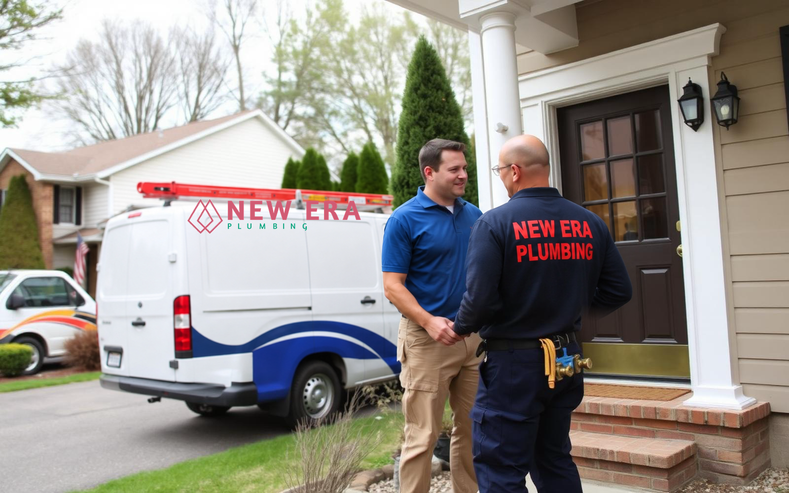 New Era Plumbing crew meeting a homeowner beside a New Era Plumbing service van