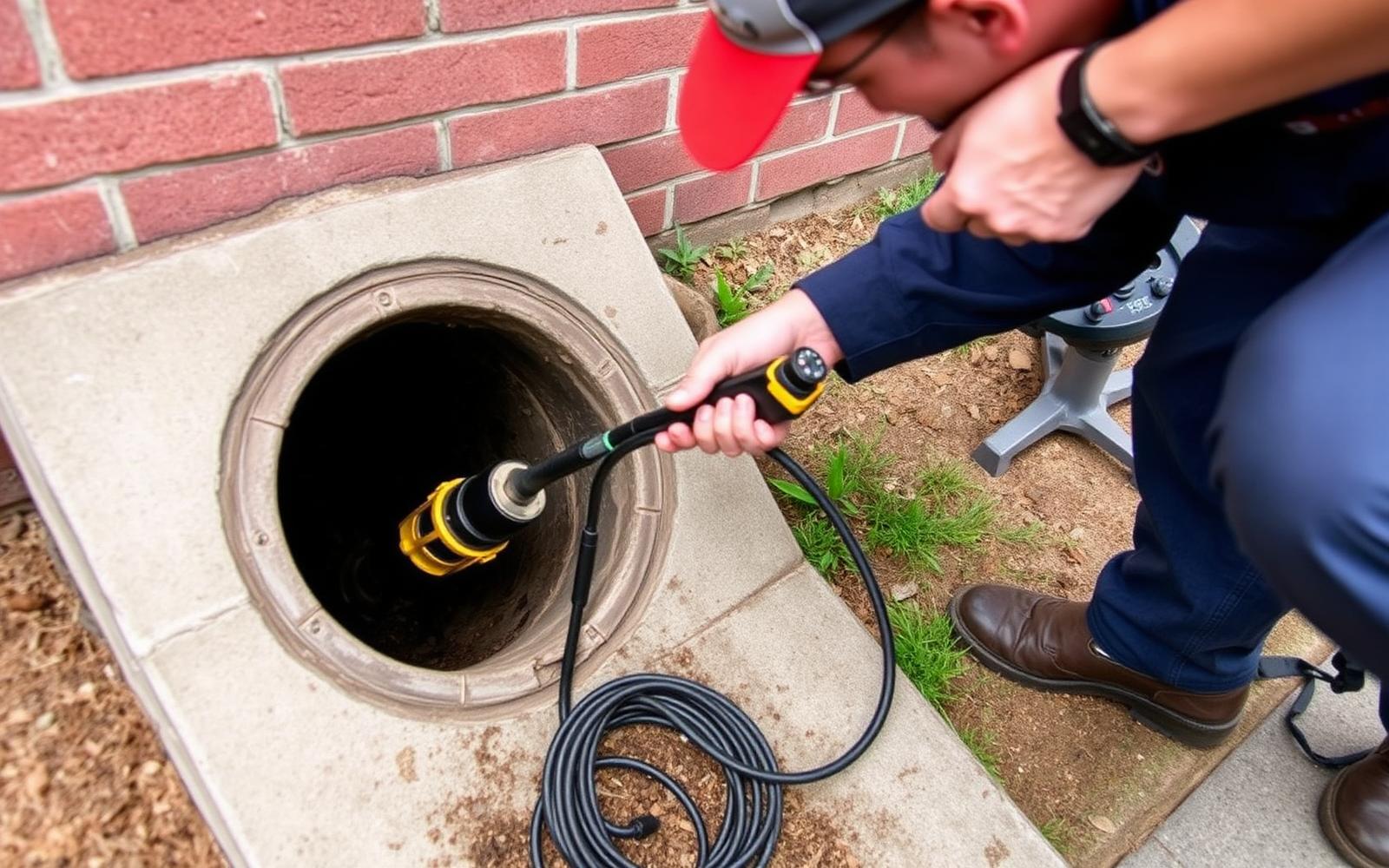 Plumber running a sewer camera inspection on a commercial drain line