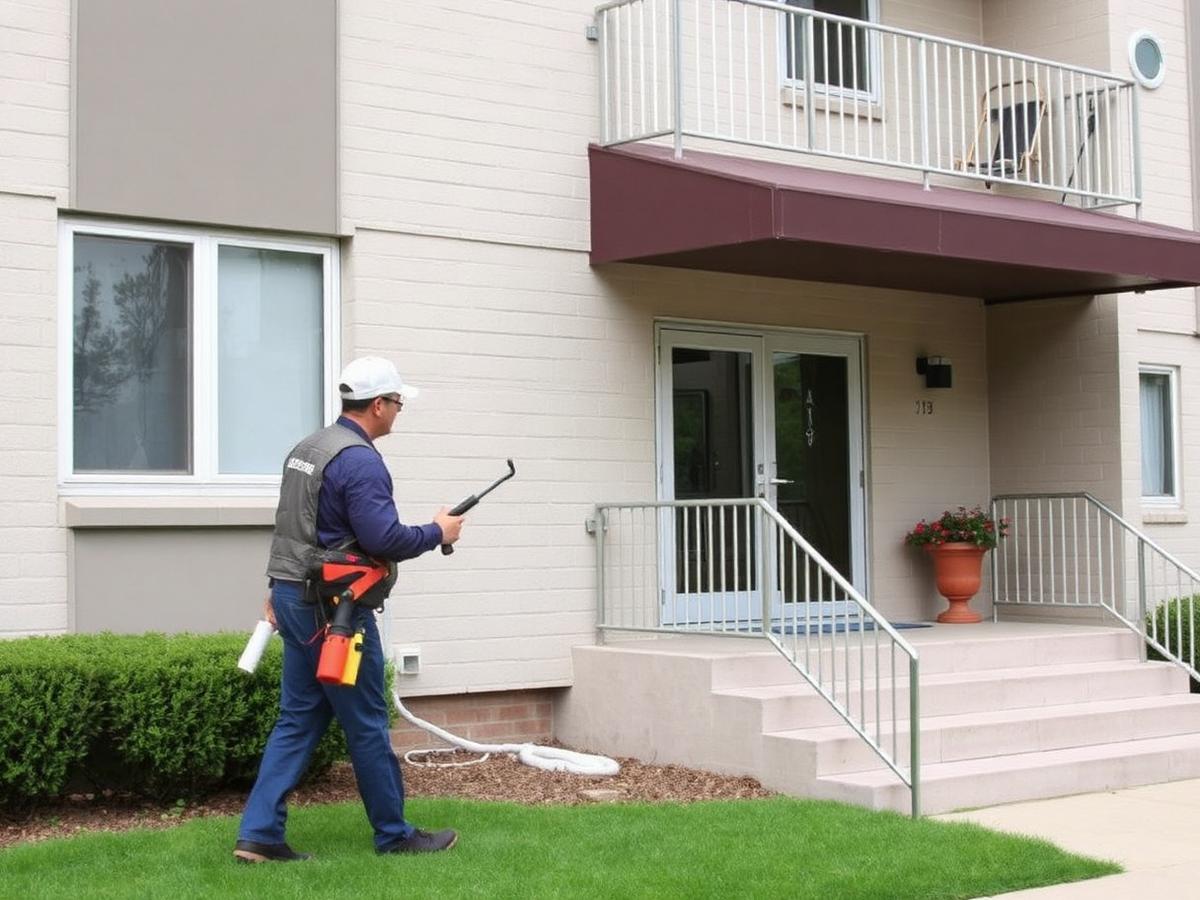 Plumber arriving at an apartment building for a scheduled maintenance visit