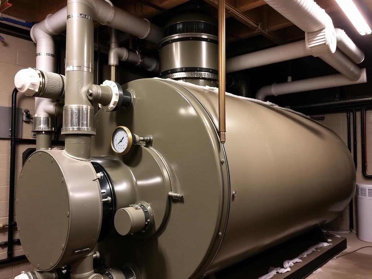 Boiler replacement. Near boiler piping, header insulation and controls in a basement.