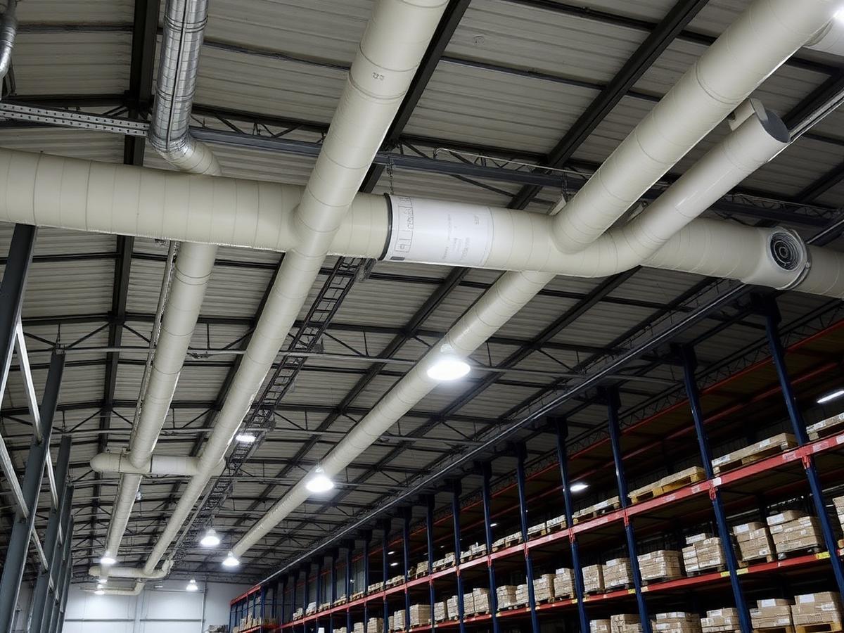 Warehouse interior with overhead water piping