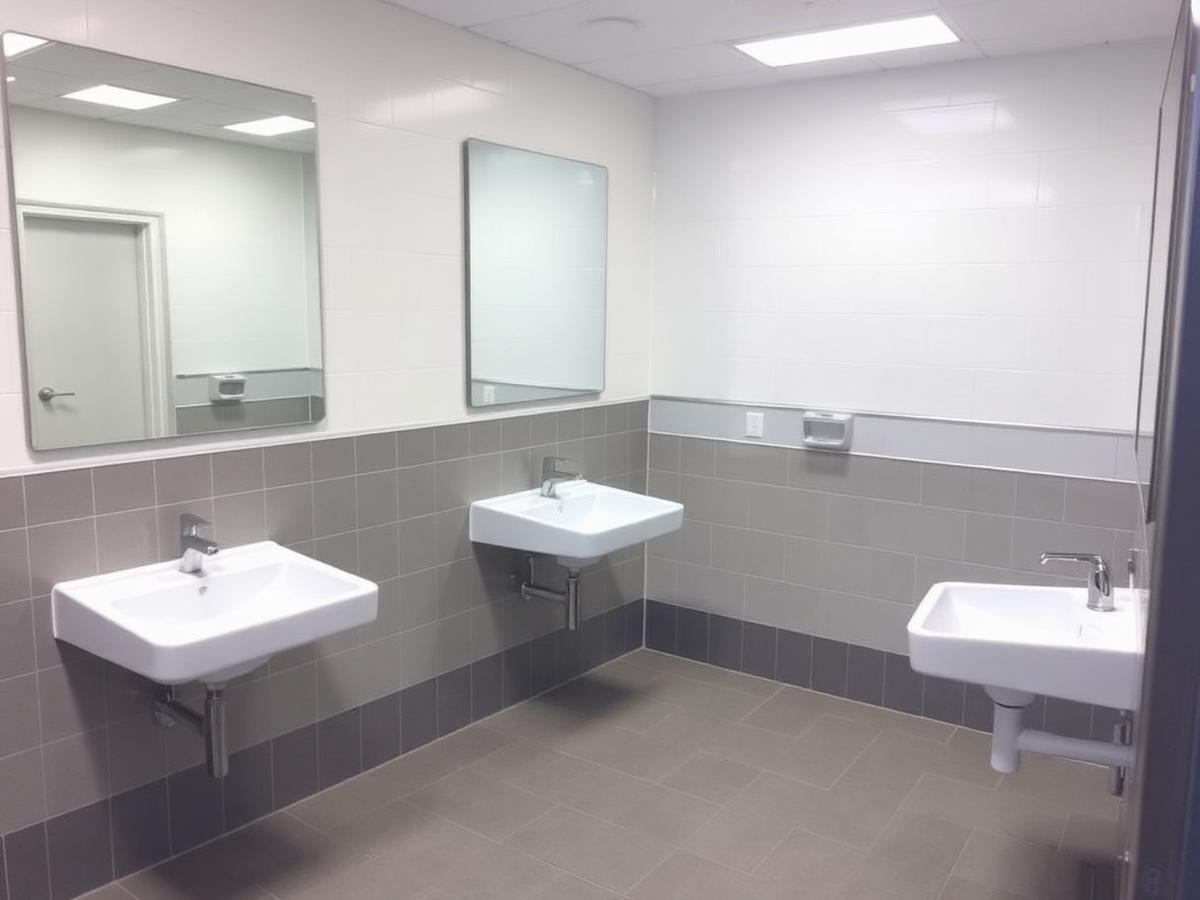 Finished restroom with wall hung sinks