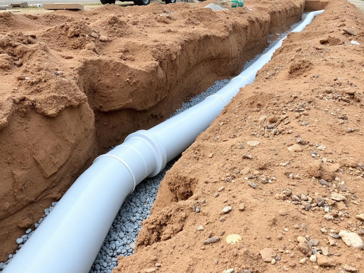 Trenched underground sewer line with new PVC pipe