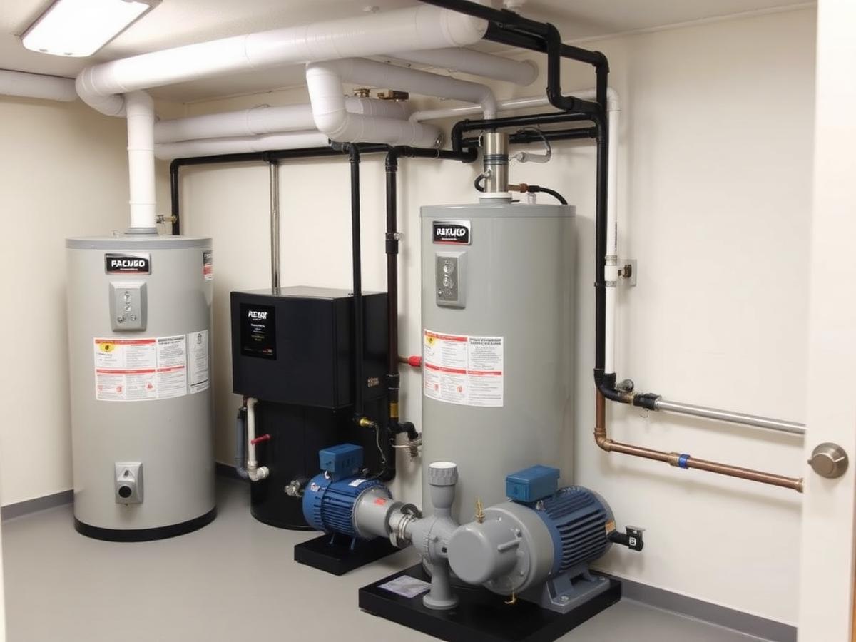 Mechanical room with heaters, pumps and labeled piping