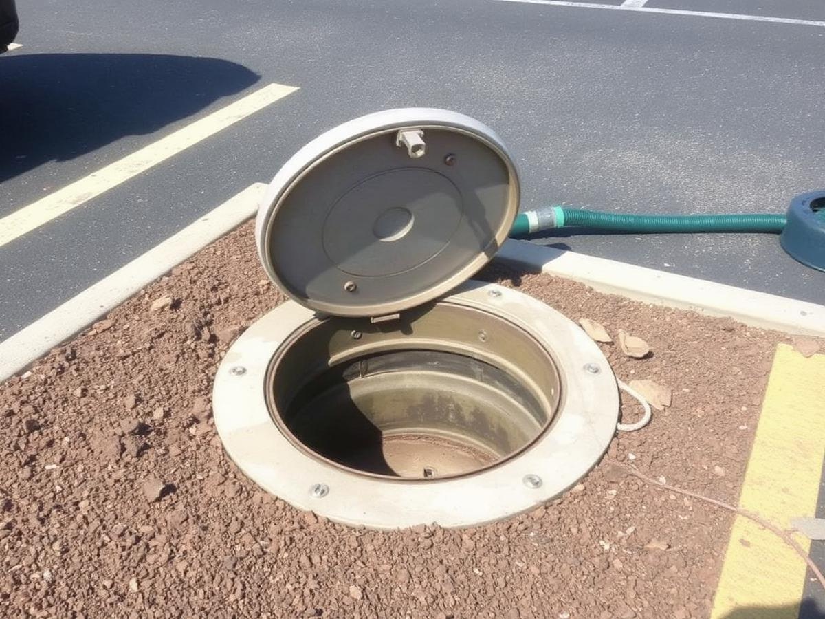 Exterior grease interceptor opened for a pump out