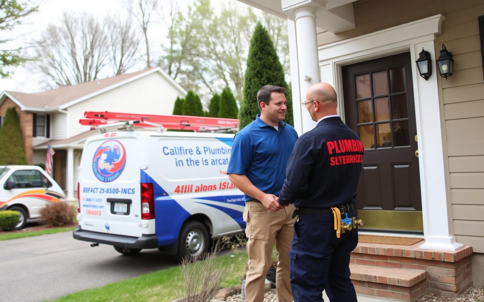 Plumber meeting a homeowner at the door of an East Rutherford house