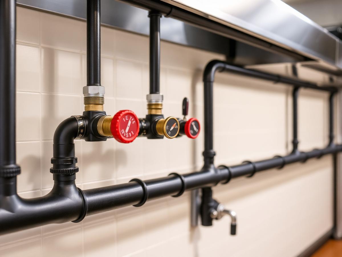 Floor sinks and drain lines set under a cook line