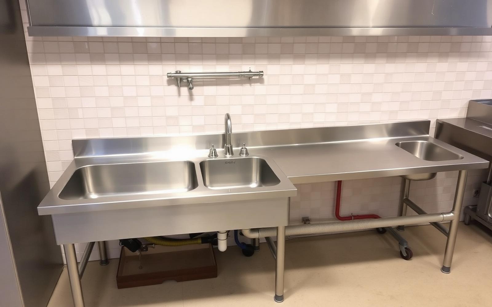 Stainless three compartment sink and gas piping in a restaurant kitchen buildout