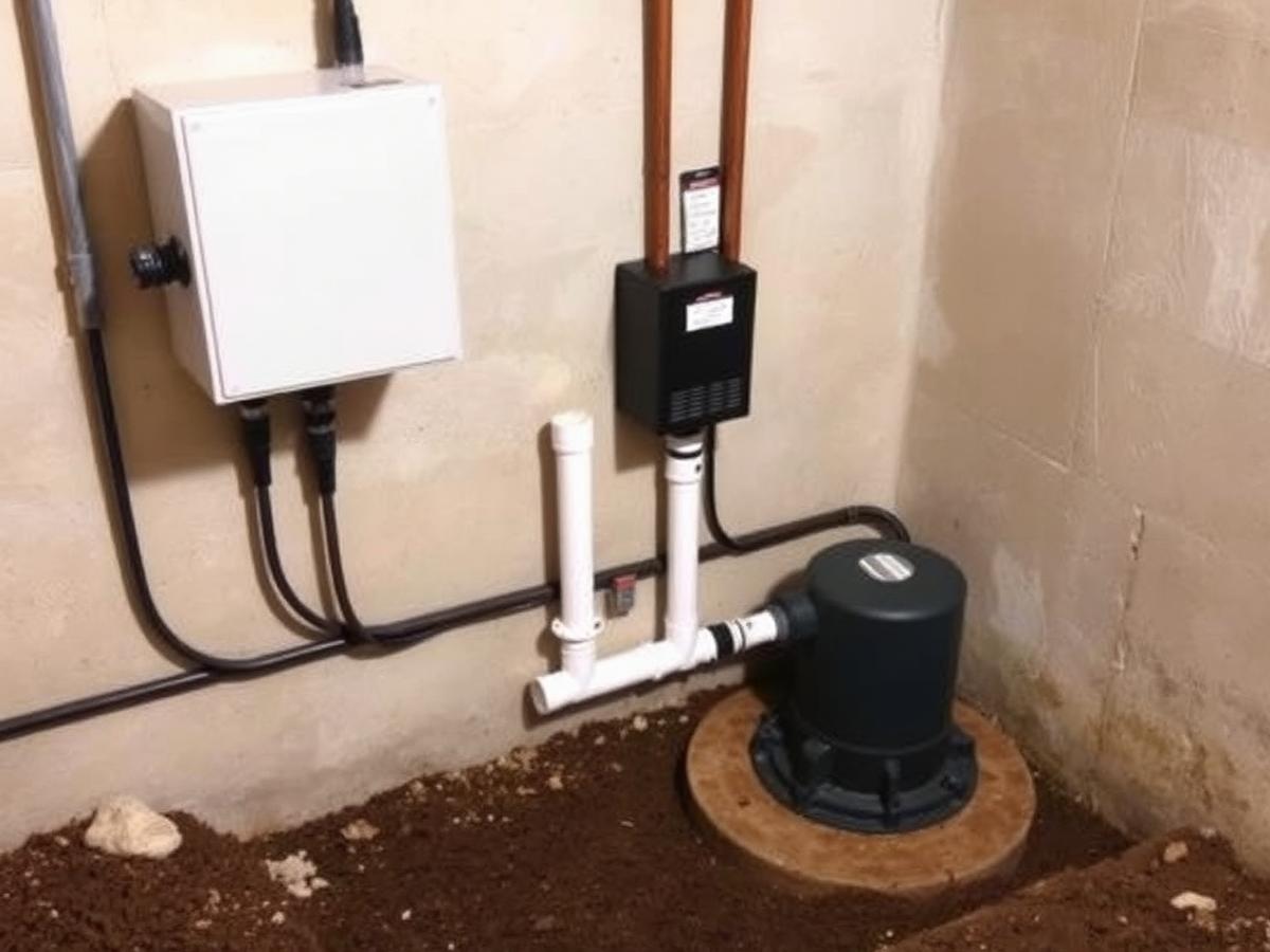 Battery backup sump pump system on a basement wall