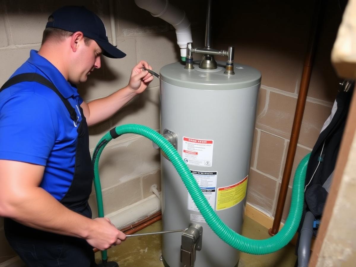 Plumber flushing a tank water heater