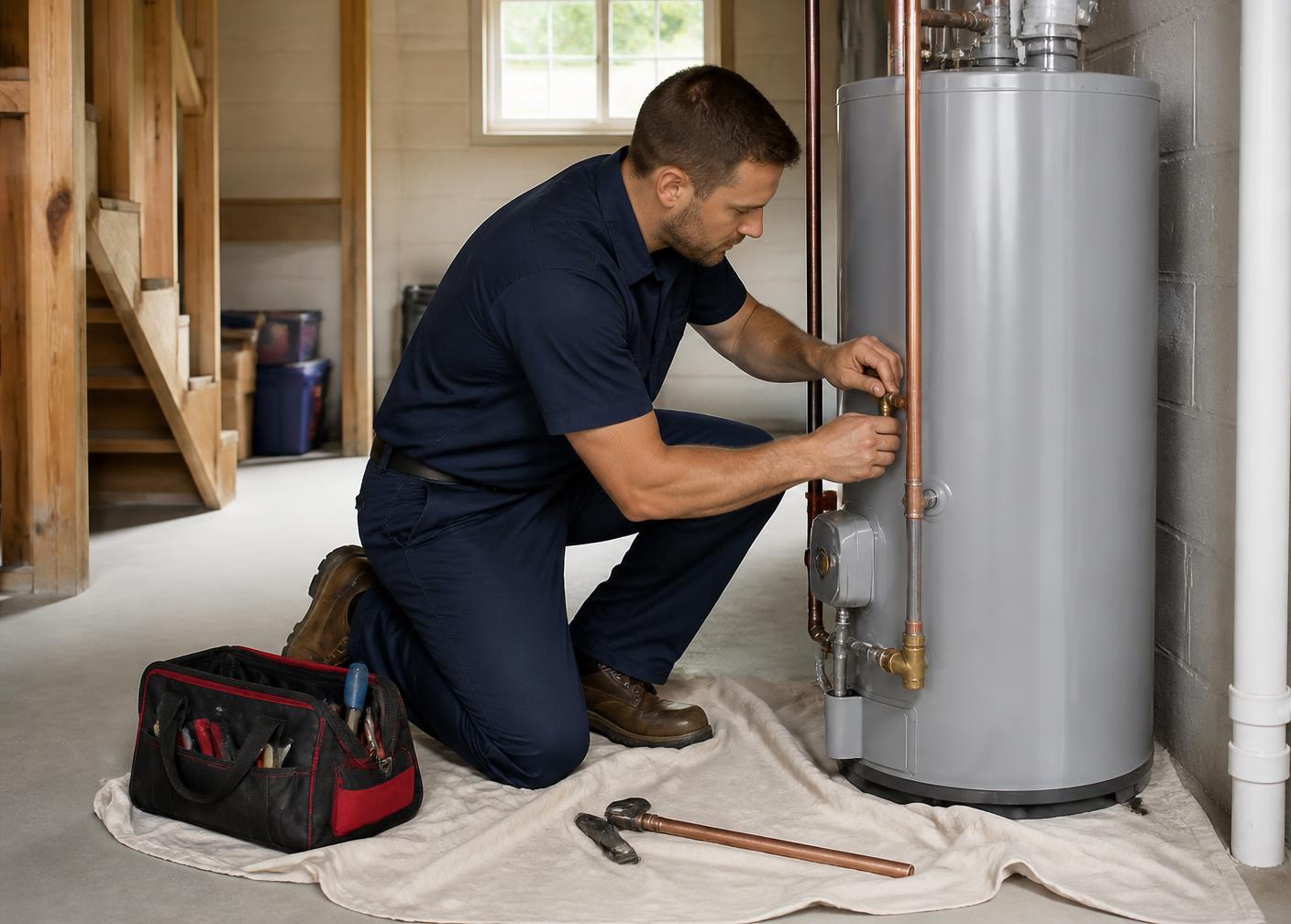Plumber making a repair inside an East Rutherford home