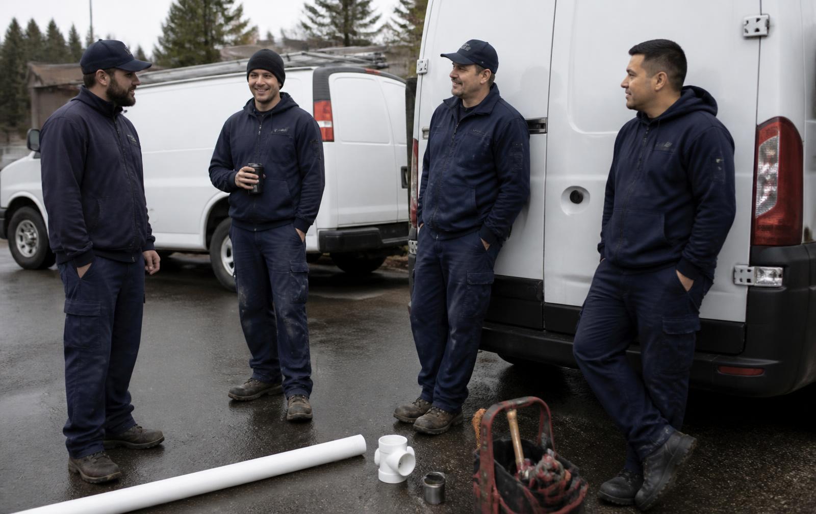 The New Era Plumbing crew standing by their service vans